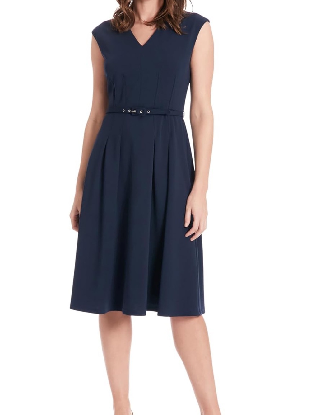 London Times Navy Cap-Sleeve V-Neck Midi Dress